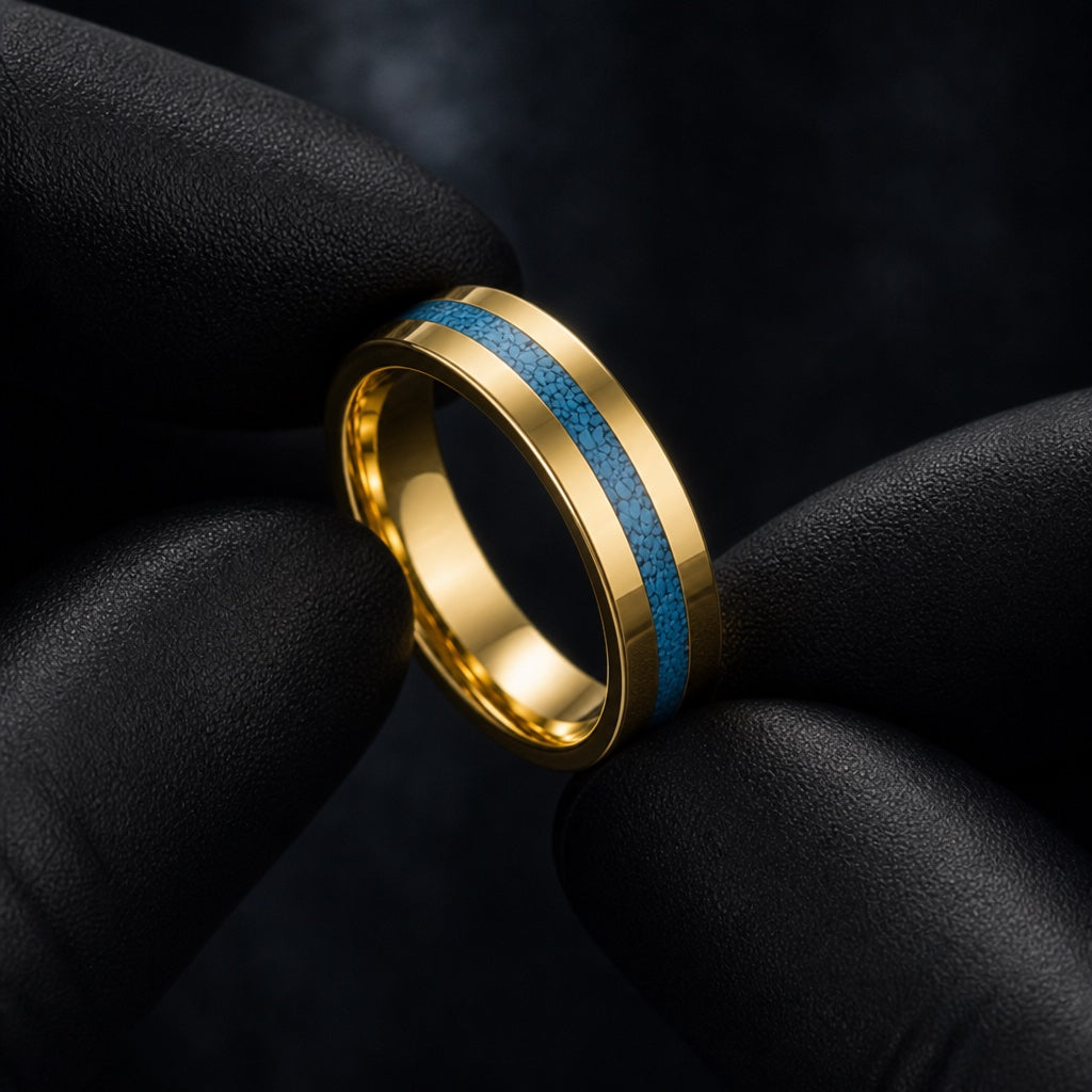 Gloved hands presenting the Azure ring, gold interior and offset turquoise visible