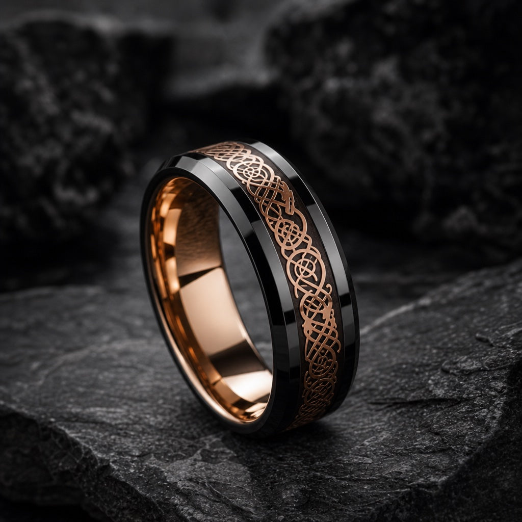 Basilisk ring showing polished black tungsten face and bevelled outer rails