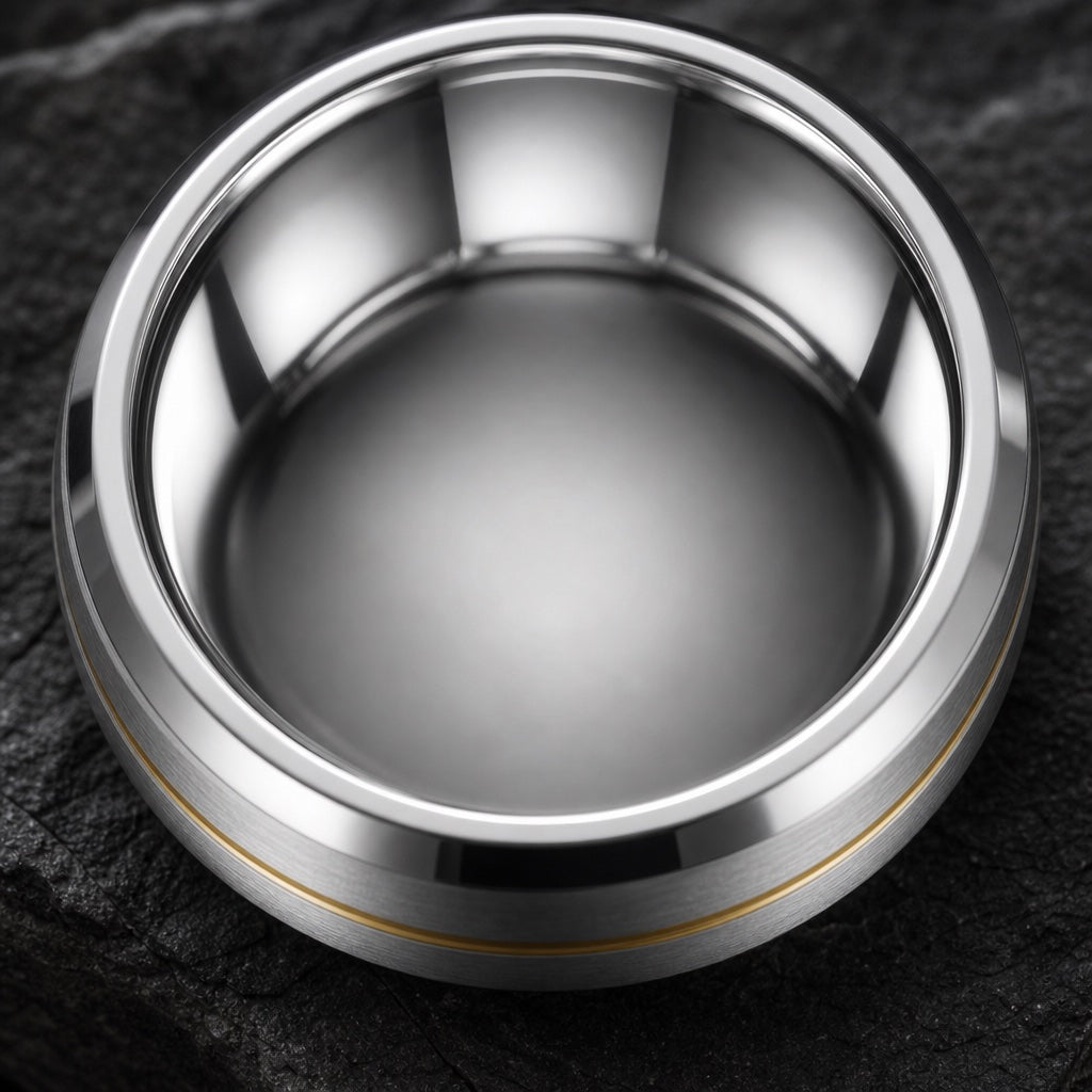Beam ring angled on dark charcoal stone to show the polished blank silver interior with gold centre stripe and bevels visible