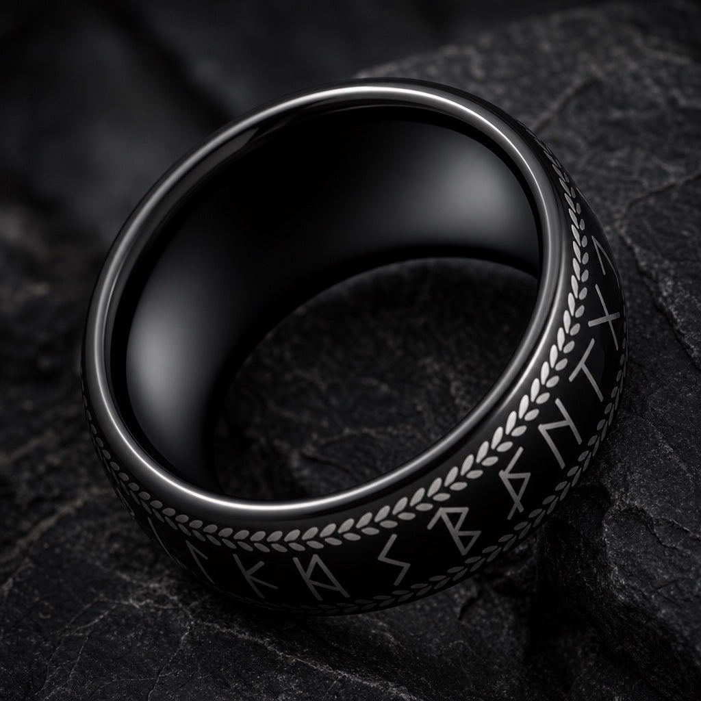 Berserker ring angled on dark charcoal stone to show the polished blank black interior