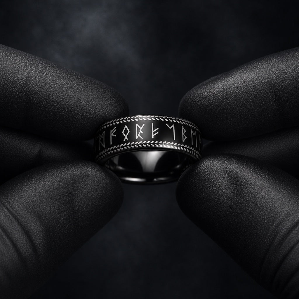 Gloved hands presenting the Berserker ring, Norse runes and comfort-fit curve visible