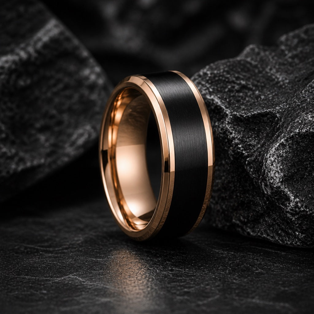 Boss ring showing polished rose-gold Aura-style stepped edge rails against the brushed black centre