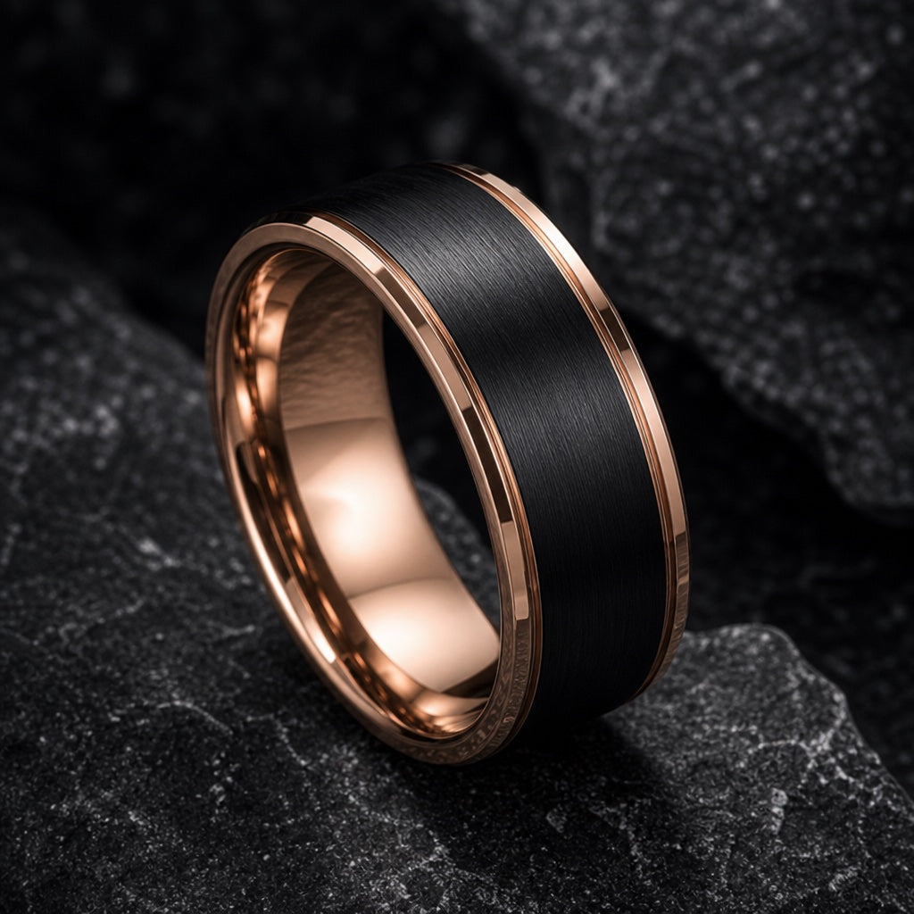 Boss ring angled on dark charcoal stone to show the polished rose-gold interior of the band