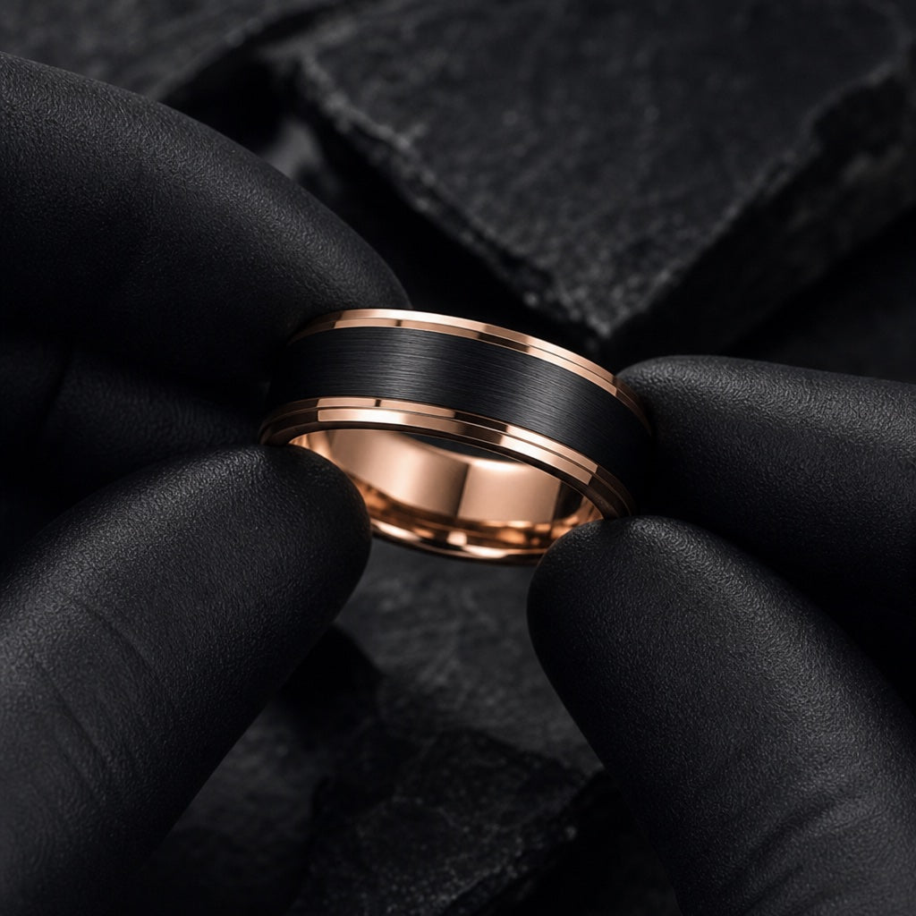 Gloved hands presenting the Boss ring, rose-gold stepped rails and comfort-fit curve visible