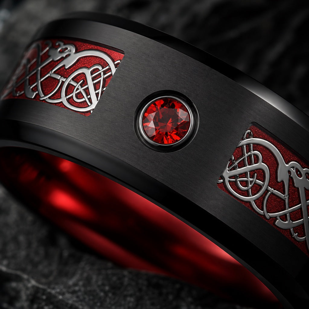 Macro of the Cardinal ring's red Celtic dragon channel and flush red centre stone on brushed black tungsten