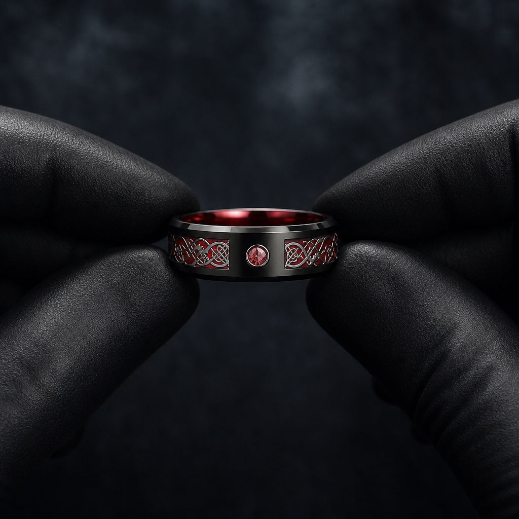 Gloved hands presenting the Cardinal ring, comfort-fit curve, red Celtic channel and flush red centre stone visible