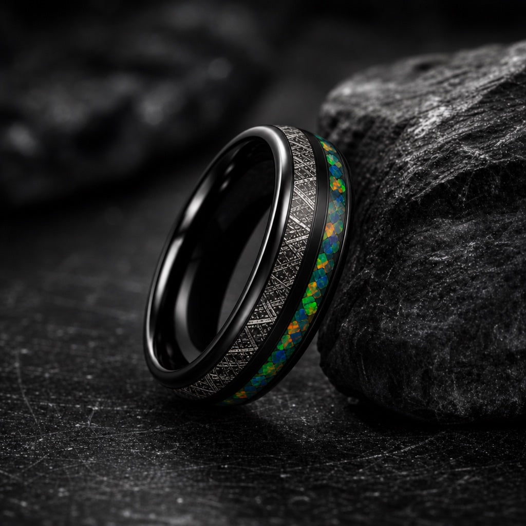 The Celestial ring resting against dark rock, showing its black tungsten body