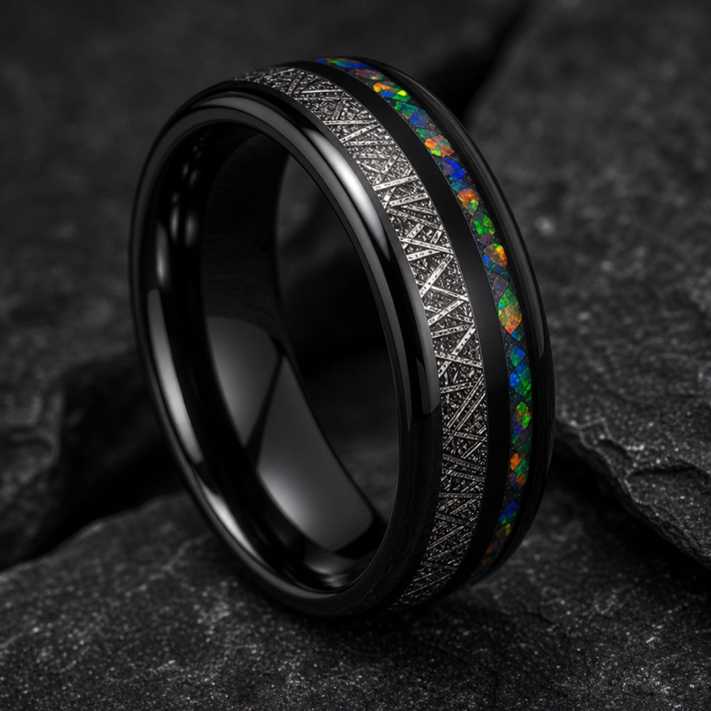 Celestial ring angled to show the polished black interior of the band
