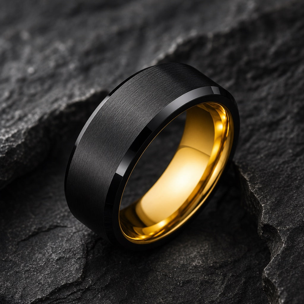 Champion ring angled on dark charcoal stone showing the blank polished yellow gold interior