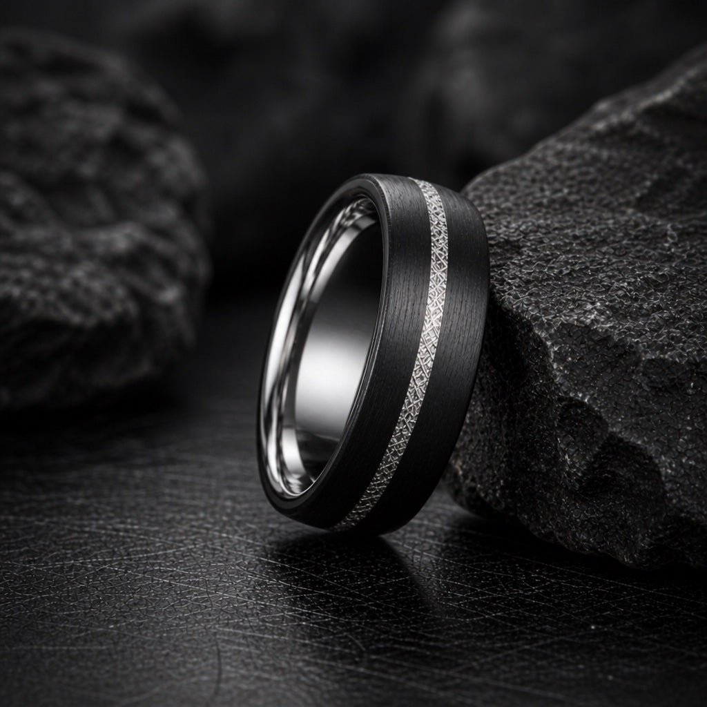 The Comet ring resting against dark rock, showing its black tungsten body