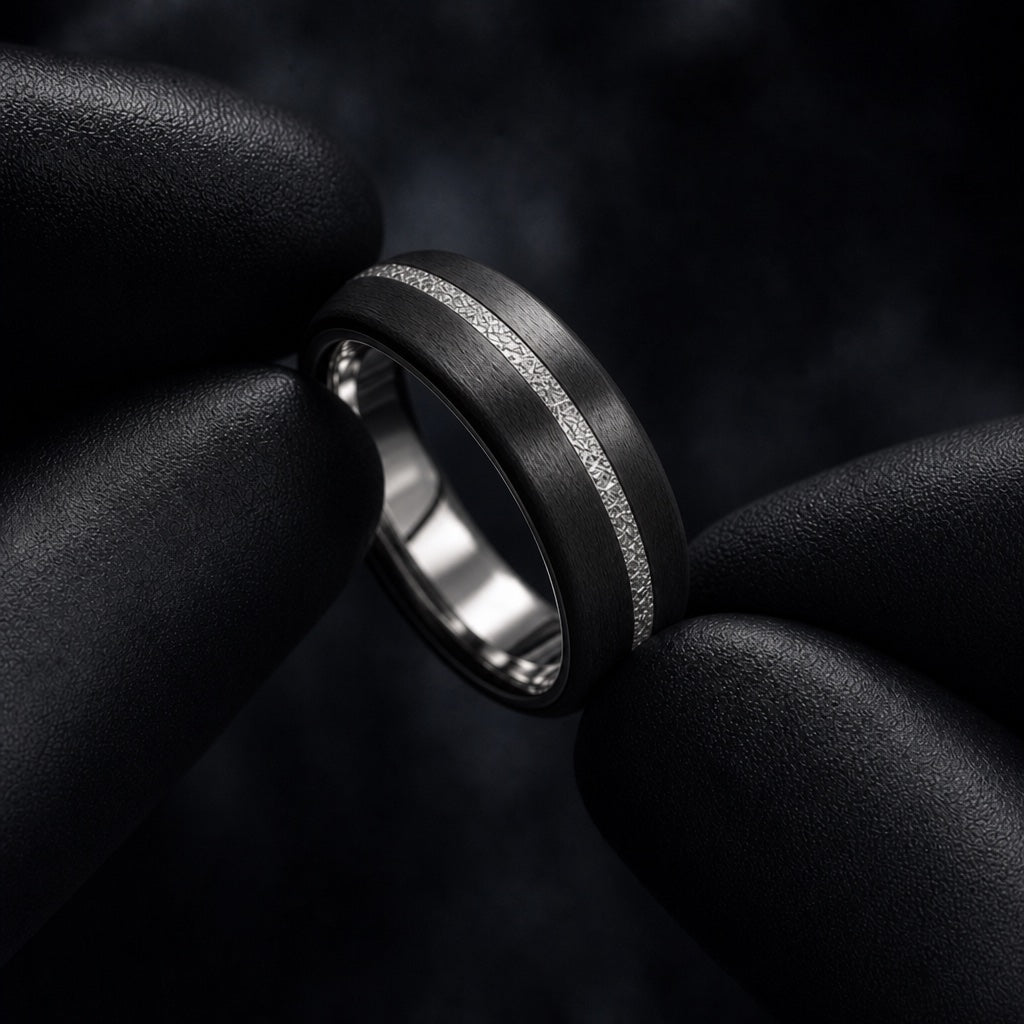 Gloved hands presenting the Comet ring, comfort-fit curve visible