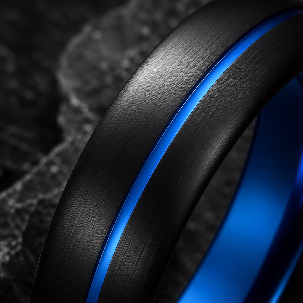 Macro of the Cyclone ring's thin centred electric blue line on brushed black tungsten