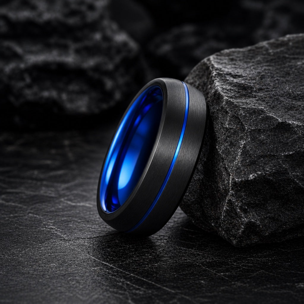 The Cyclone ring resting against dark rock, brushed black body, centred blue line and electric blue interior visible