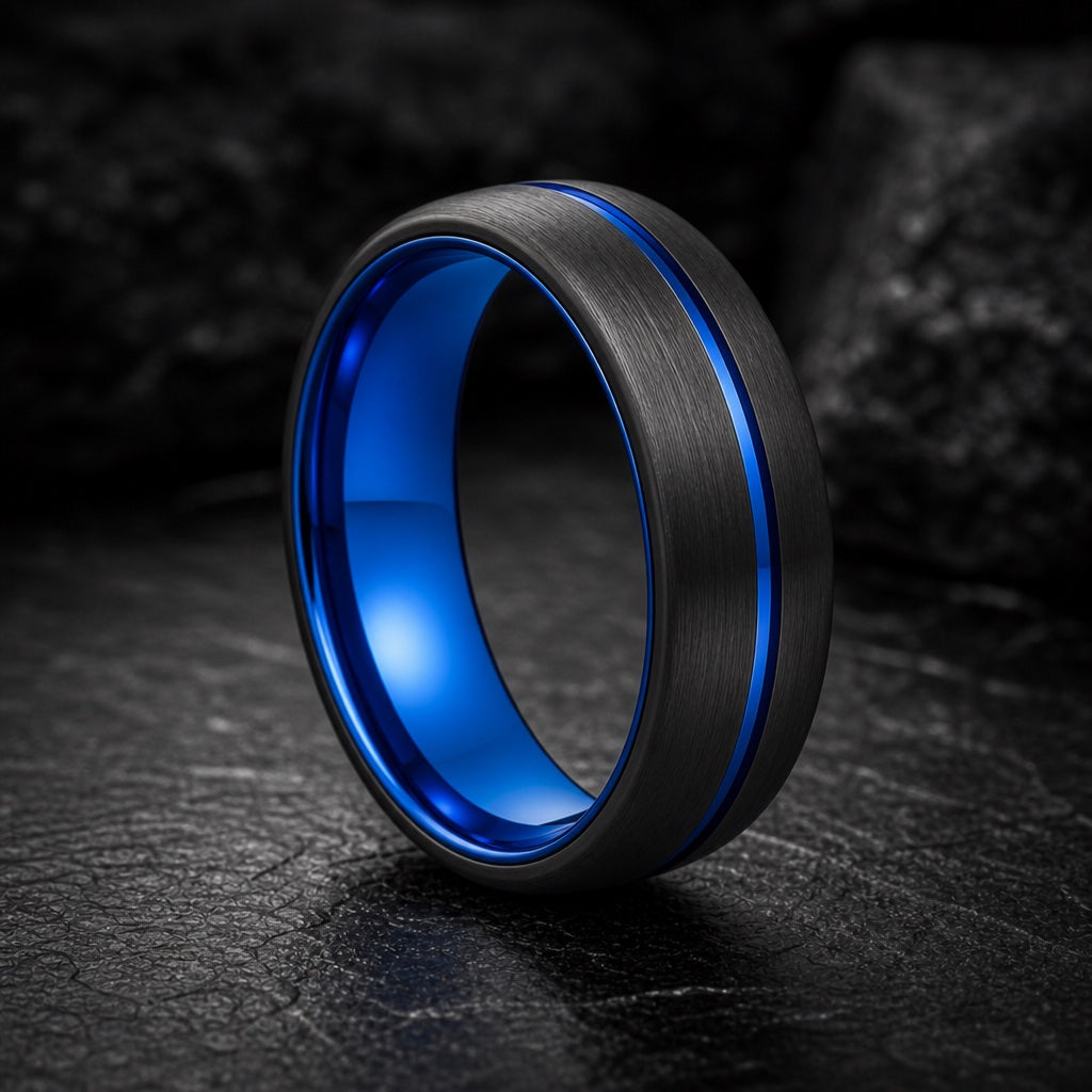 Cyclone ring angled on dark stone showing the polished electric blue blank interior and centred blue line