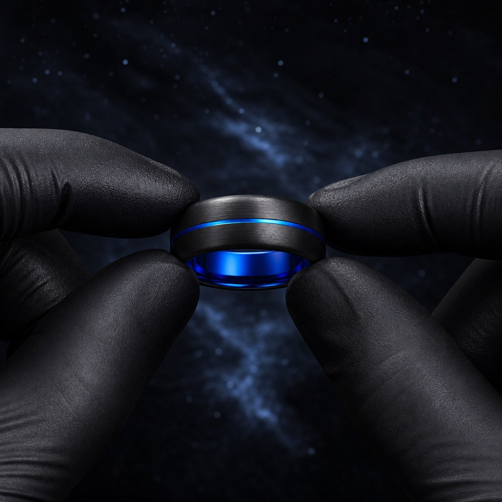 Black latex gloved hands presenting the Cyclone ring, electric blue interior and centred blue line visible