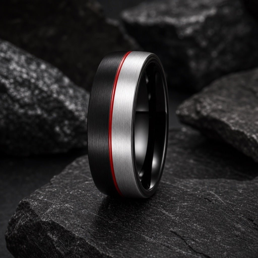 Daredevil ring showing equal brushed black and brushed silver halves split by a centred red line