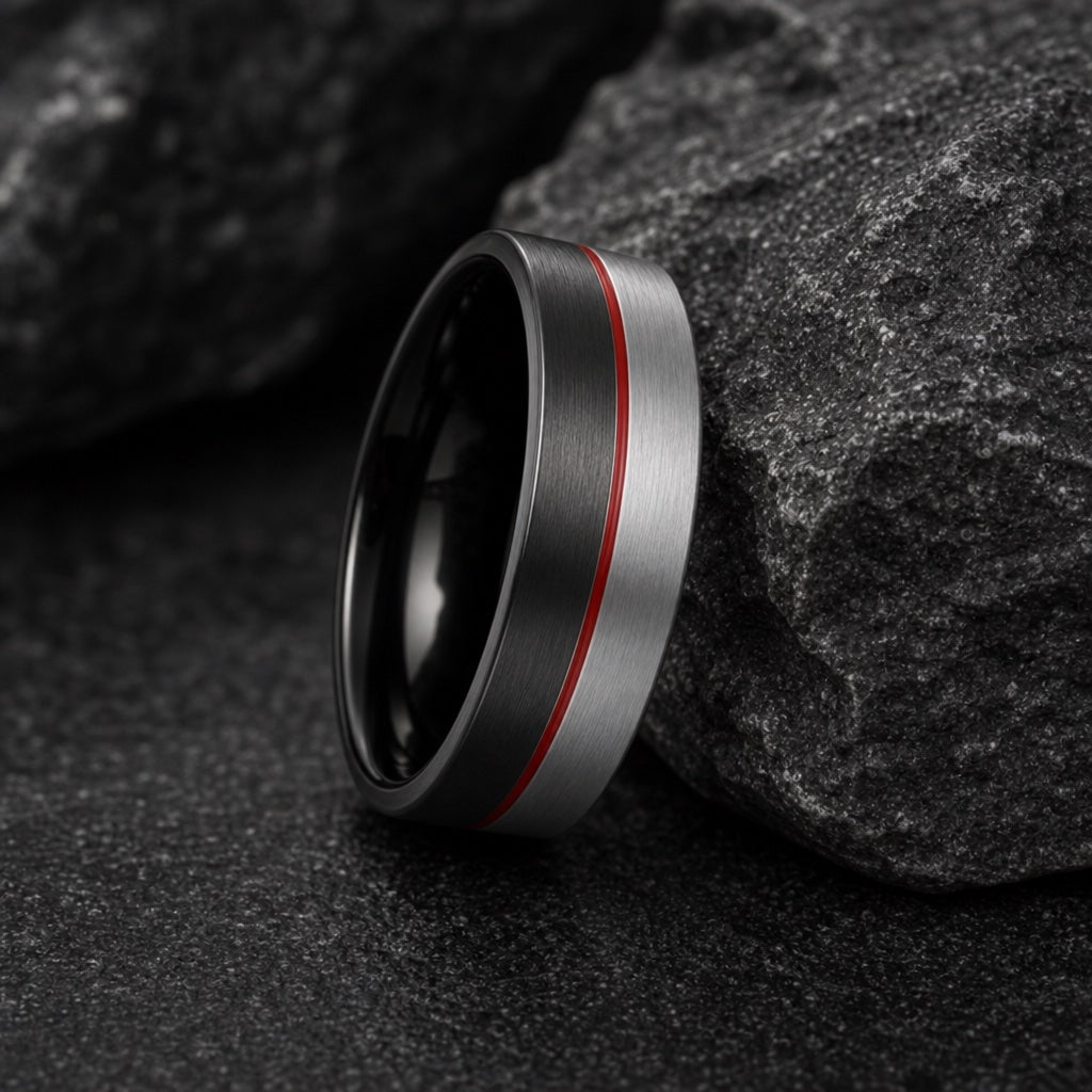 The Daredevil ring resting on dark charcoal rock, two-tone face and centred red divider visible