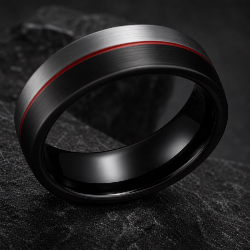 Daredevil ring angled on dark charcoal stone to show the polished black interior