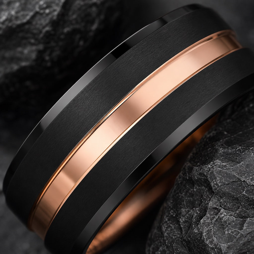 Macro of the Director ring's thin centred rose-gold groove on brushed black tungsten against dark charcoal stone