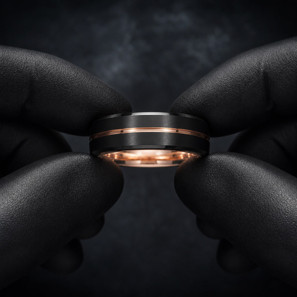 Gloved hands presenting the Director ring, centred rose-gold groove and comfort-fit rose-gold interior visible
