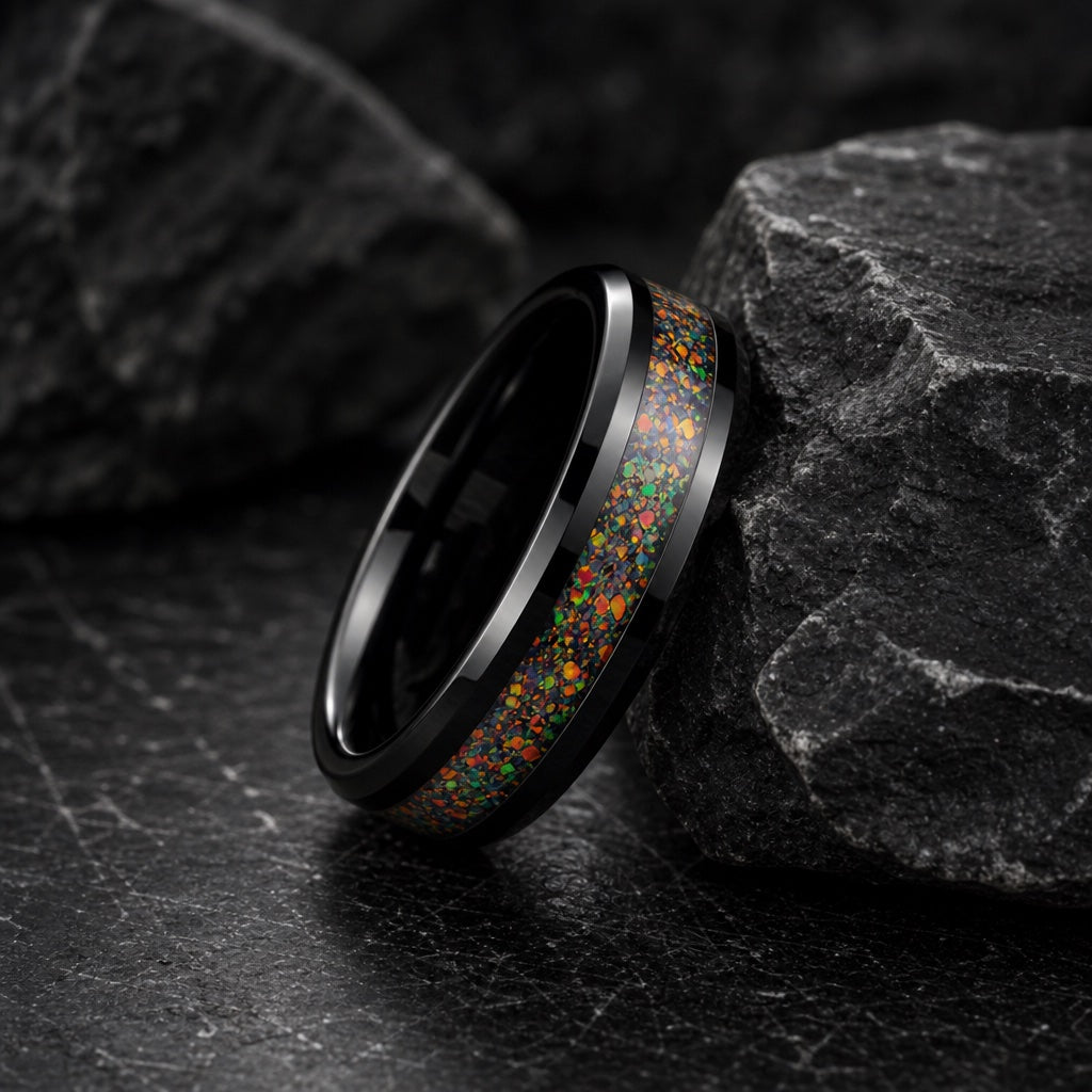 The Divine ring resting against dark charcoal rock, polished black body, centred opal fire channel and black interior visible