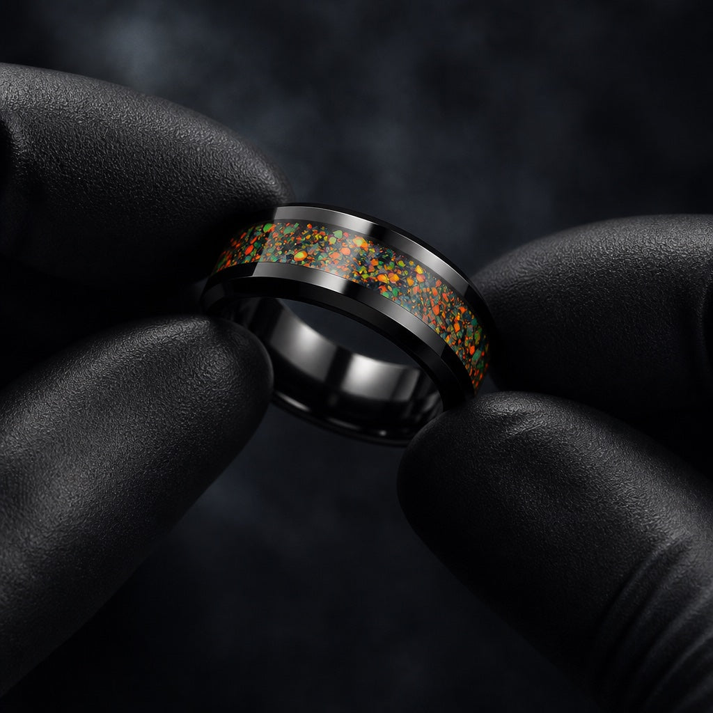 Black latex gloved hands presenting the Divine ring, comfort-fit black interior and centred opal fire channel visible
