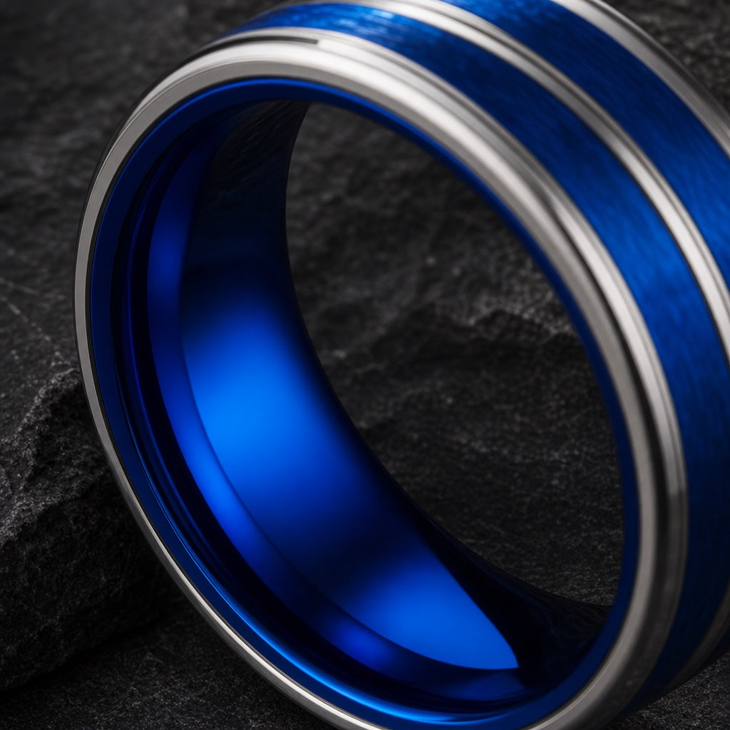 Dynamo ring angled to show the polished electric-blue interior on dark stone