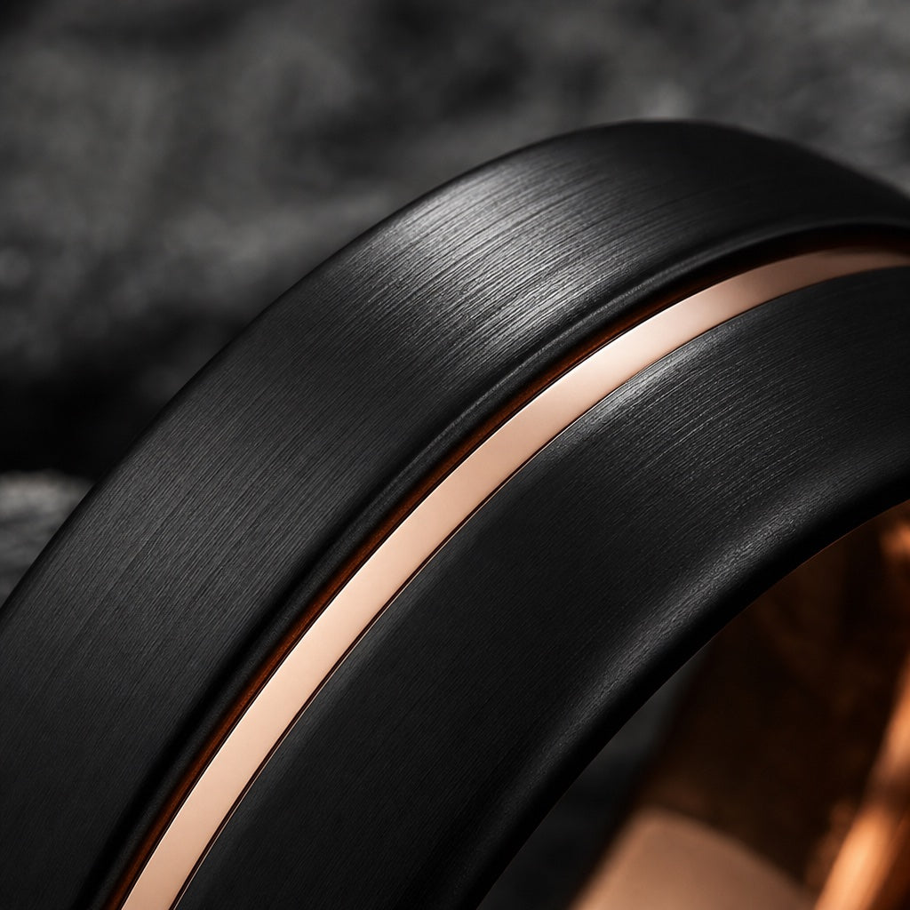 Macro of the Executive ring's thin centred recessed rose-gold channel in brushed matte black tungsten on dark charcoal stone