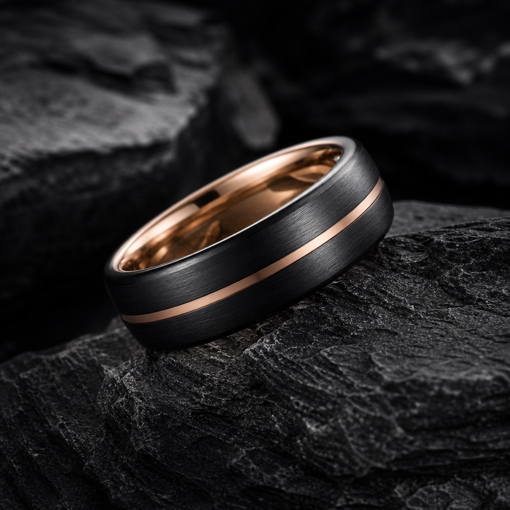 Executive ring on dark charcoal rock showing dead-centre rose-gold channel with equal brushed black fields on both sides