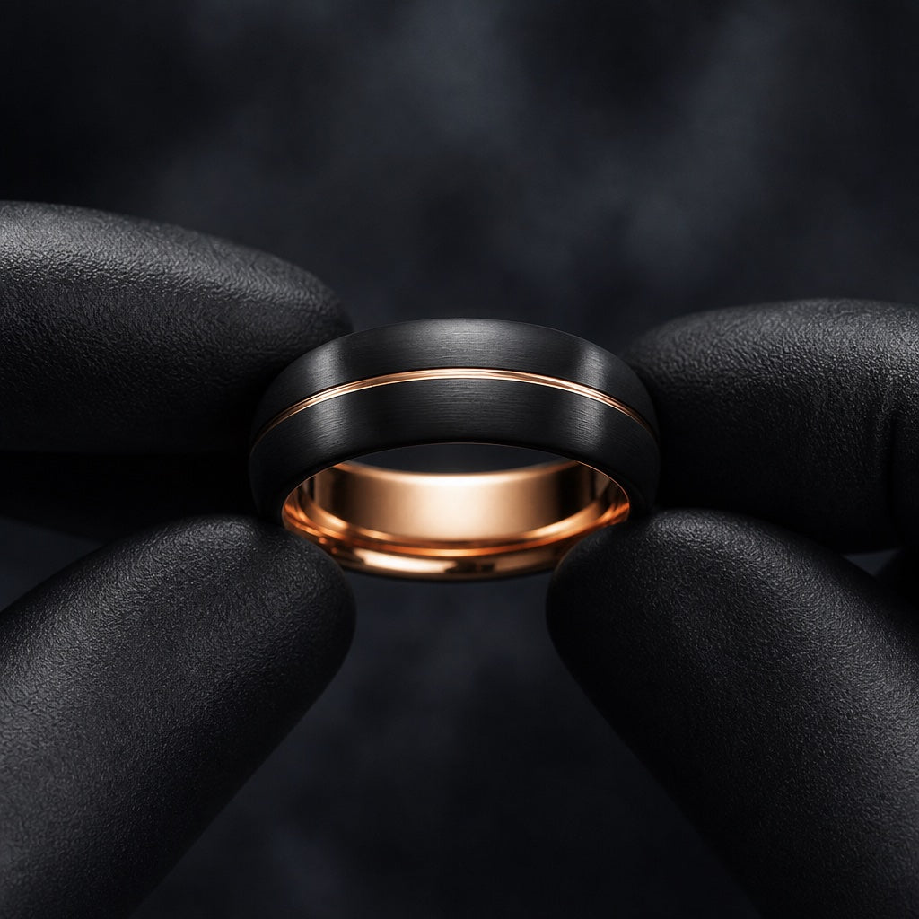 Gloved hands presenting the Executive ring, centred rose-gold channel and comfort-fit rose-gold interior visible