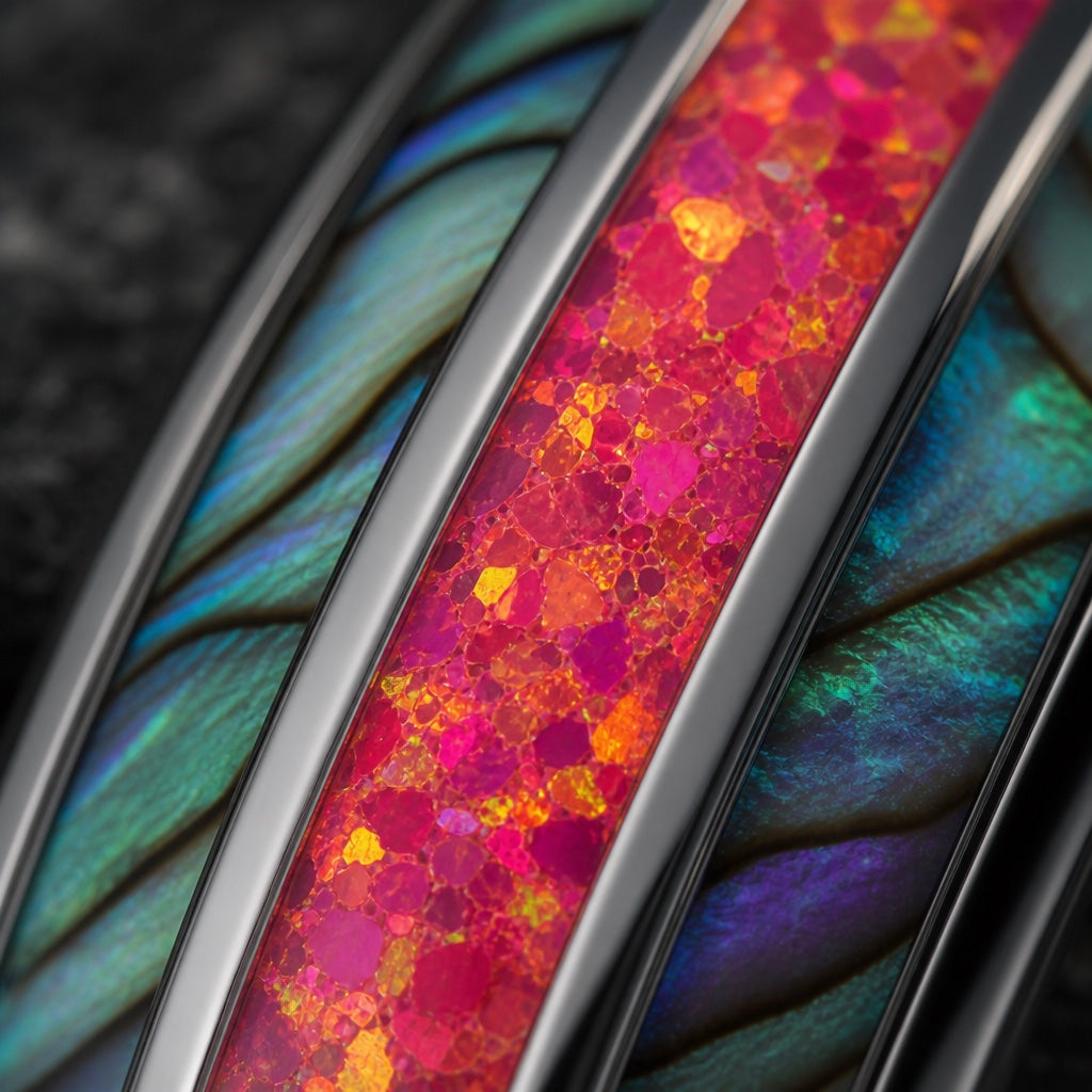 Macro of the Firestone ring centred crushed fire opal channel between abalone flanks on dark charcoal stone