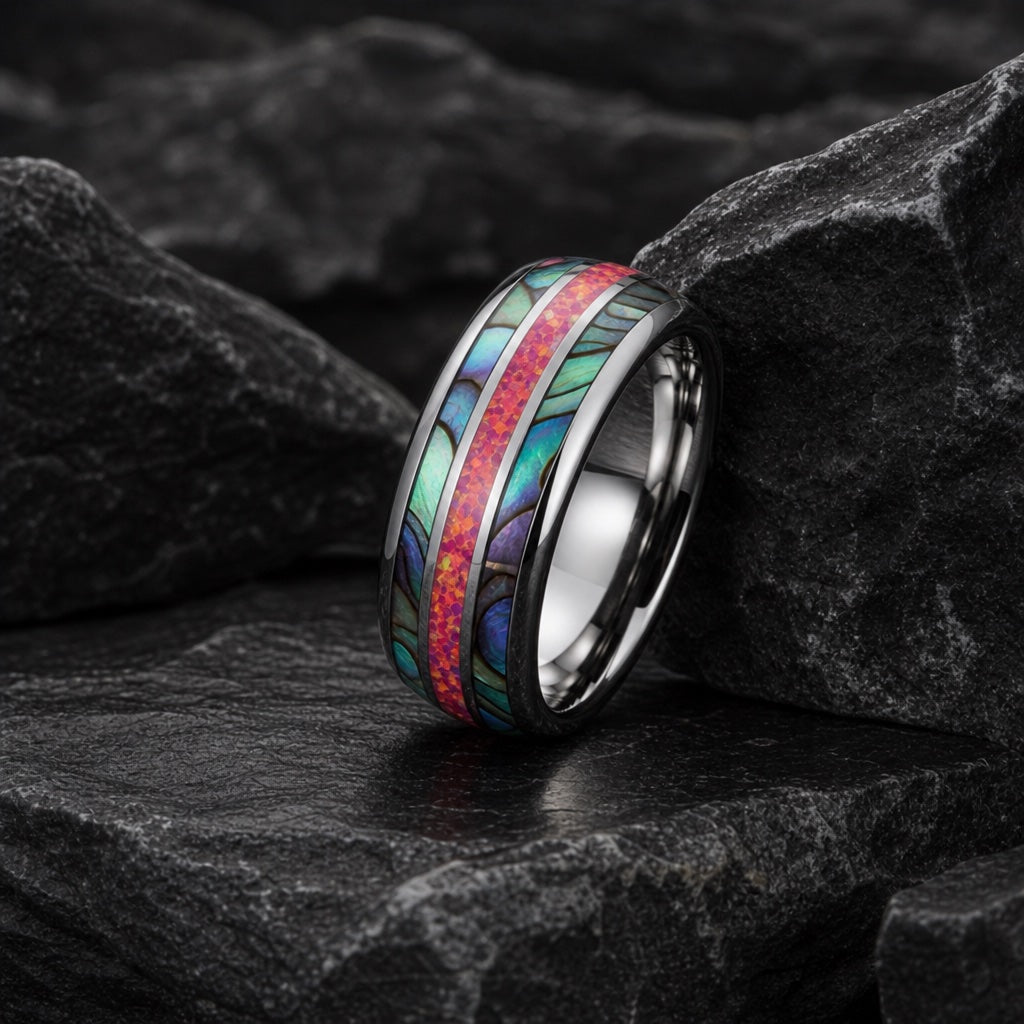 The Firestone ring resting against dark charcoal rock, polished silver body and three-channel inlay visible