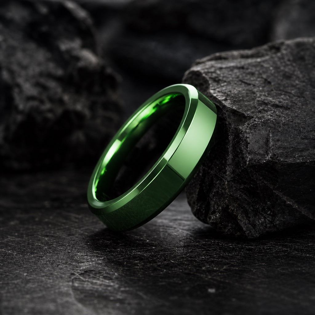 The Fortune ring resting on dark charcoal rock, solid polished green body and bevelled edges readable