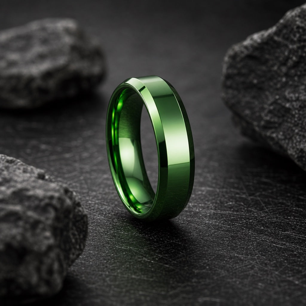 Fortune ring angled on dark charcoal stone to show the polished blank green interior
