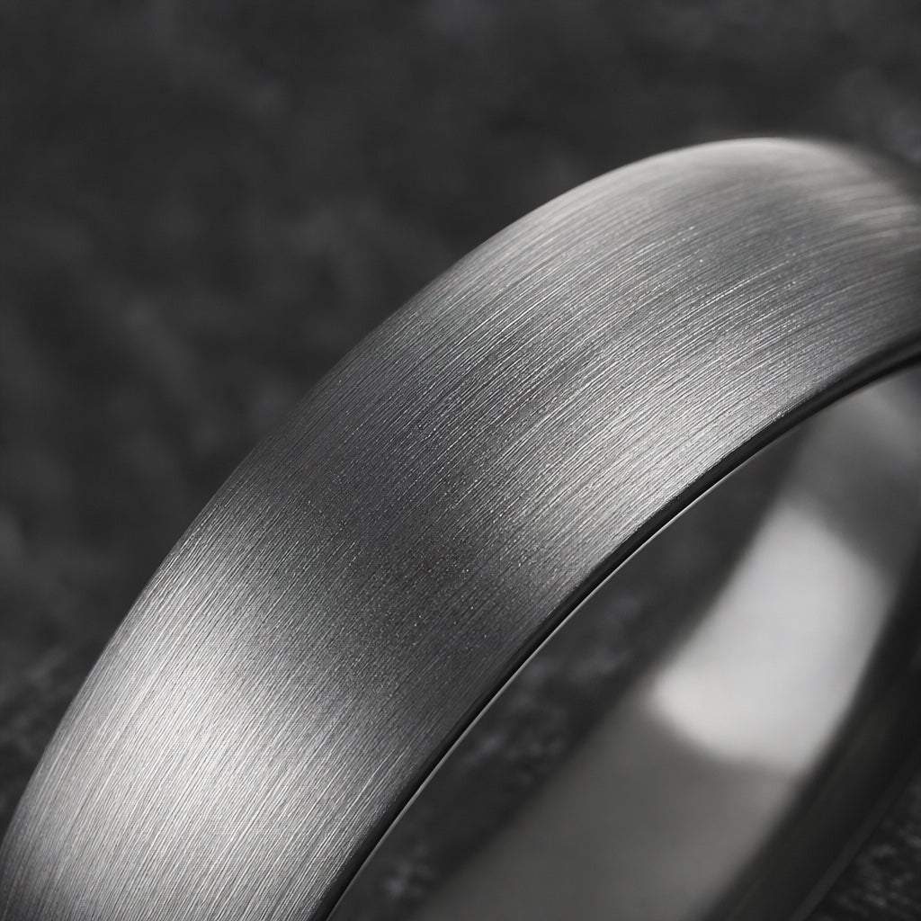 Macro of the Frost ring's brushed silver dome exterior on dark charcoal stone