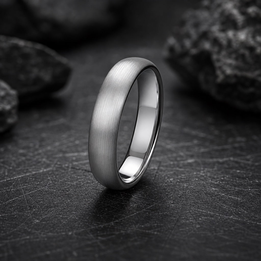 Frost ring standing on dark charcoal floor showing round soft dome shoulders and polished silver interior