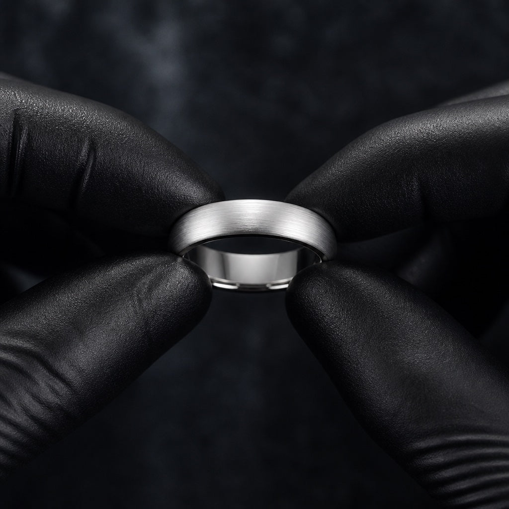 Gloved hands presenting the Frost ring, brushed silver dome and polished silver interior visible