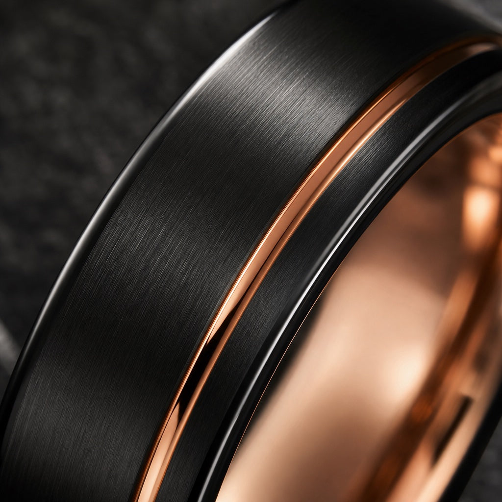 Macro of the Governor ring's thin offset recessed rose-gold groove in brushed black tungsten on dark charcoal stone