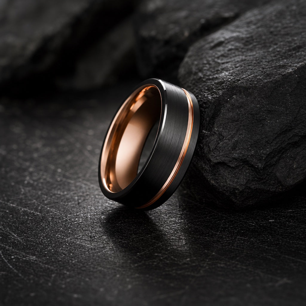 The Governor ring resting against dark charcoal rock, brushed black body and offset rose-gold groove visible