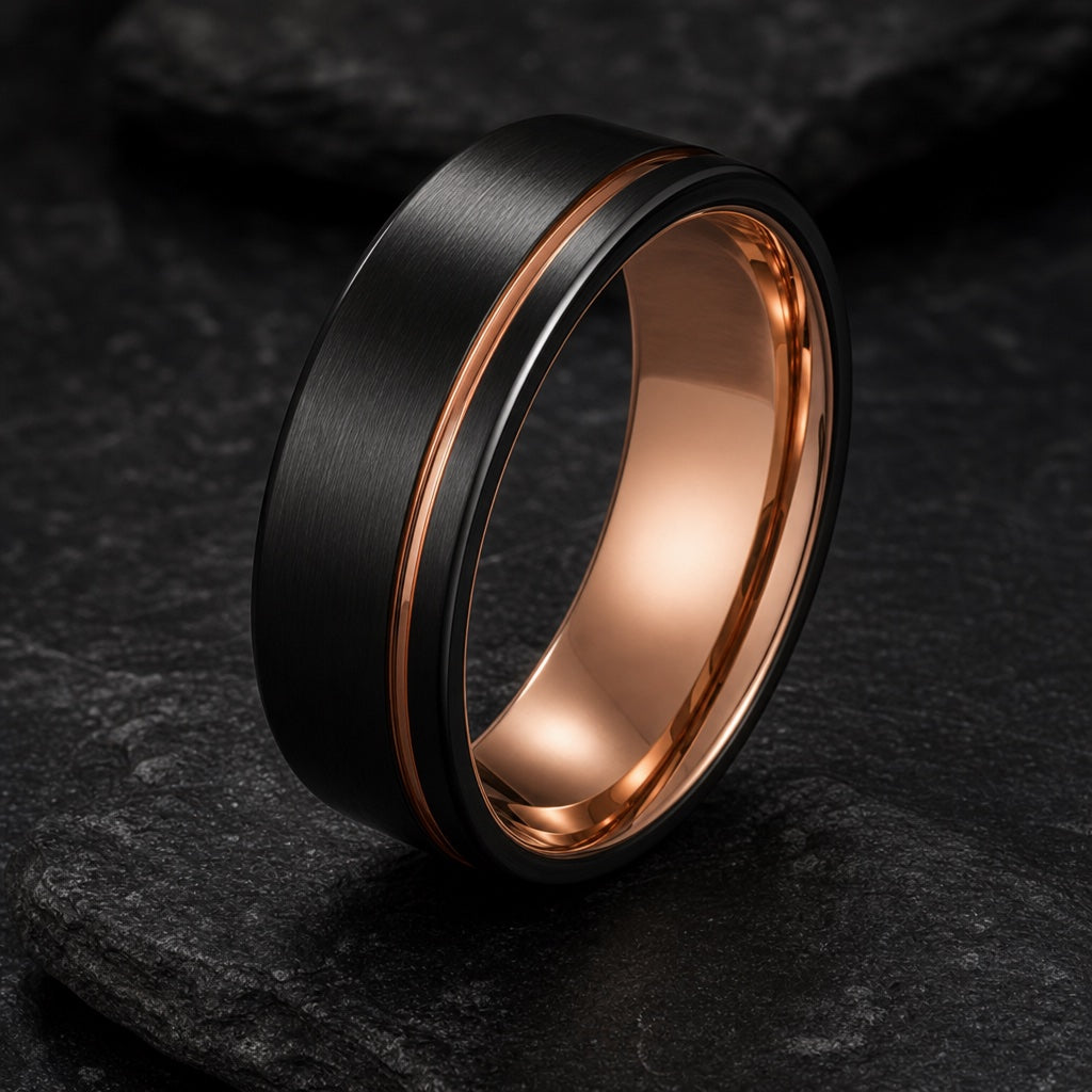 Governor ring standing on dark charcoal stone showing blank polished rose-gold interior and offset exterior groove