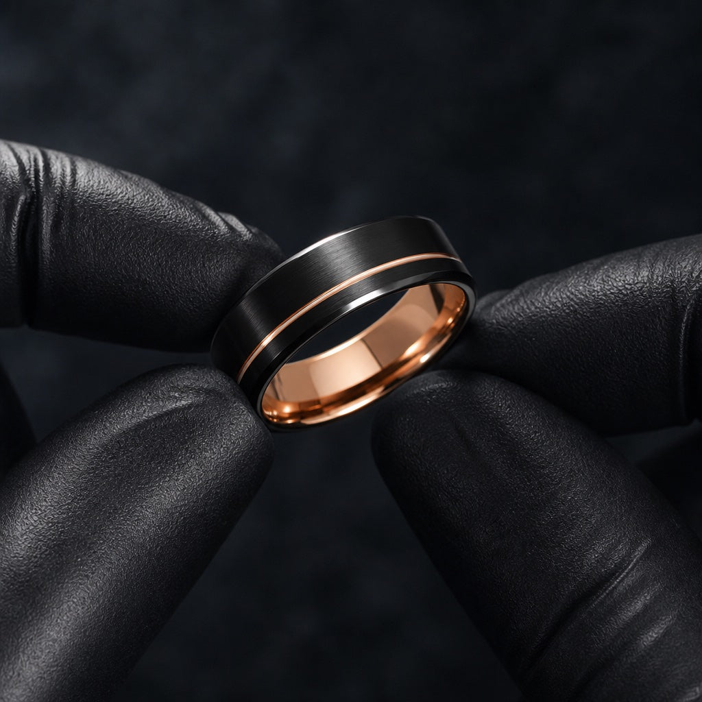 Gloved hands presenting the Governor ring, offset rose-gold groove and comfort-fit rose-gold interior visible