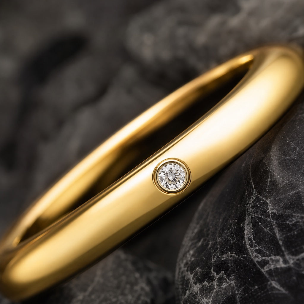 Macro of the Halo ring's small clear CZ bezel-set in polished yellow gold