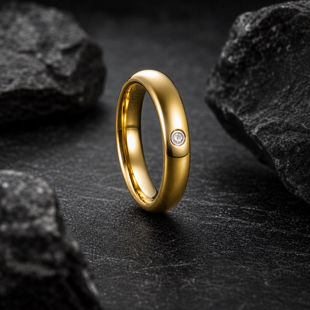 Halo ring showing the soft round dome profile in polished yellow gold