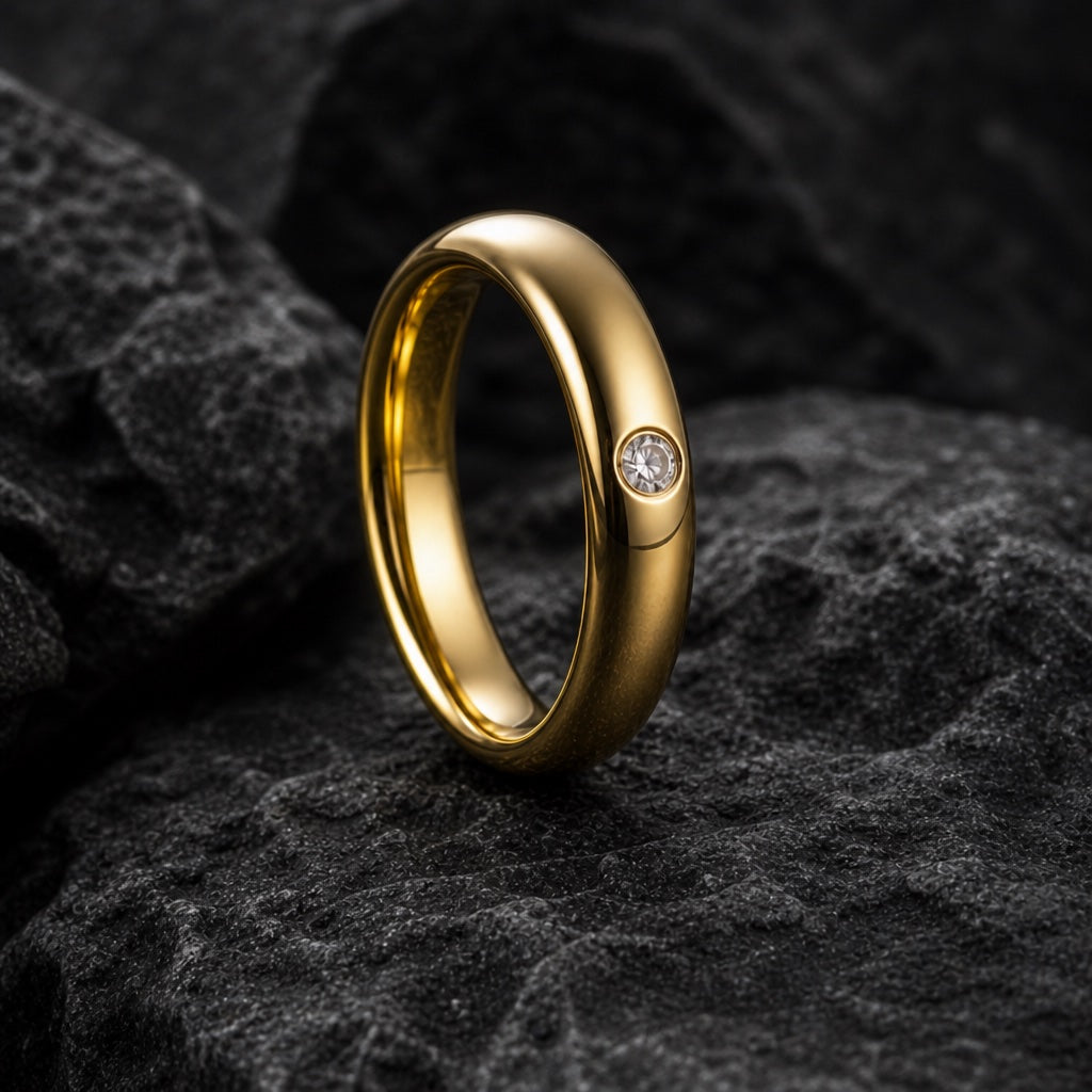 Halo ring angled on dark stone showing blank polished yellow gold interior