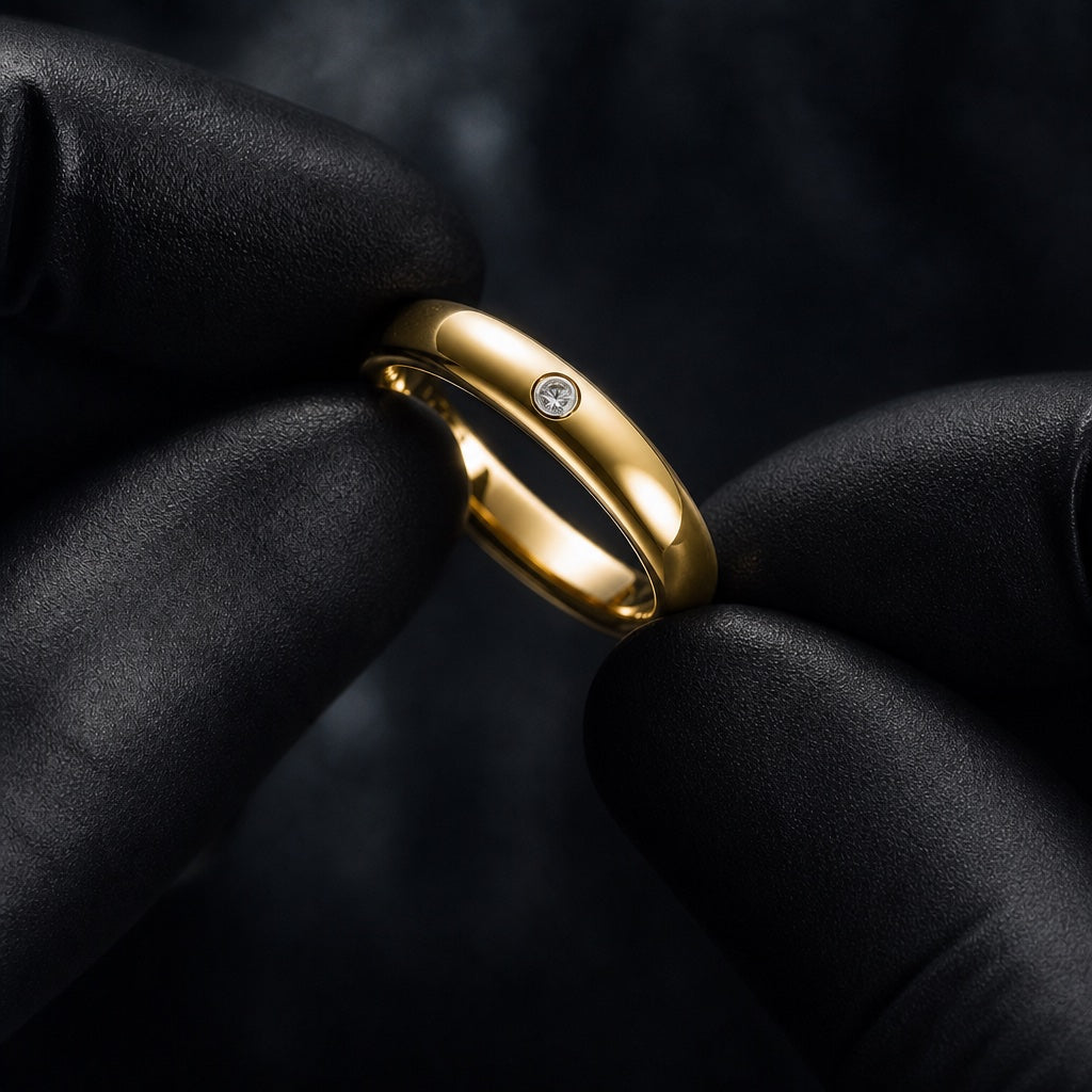 Gloved hands presenting the Halo ring, gold interior and clear CZ visible