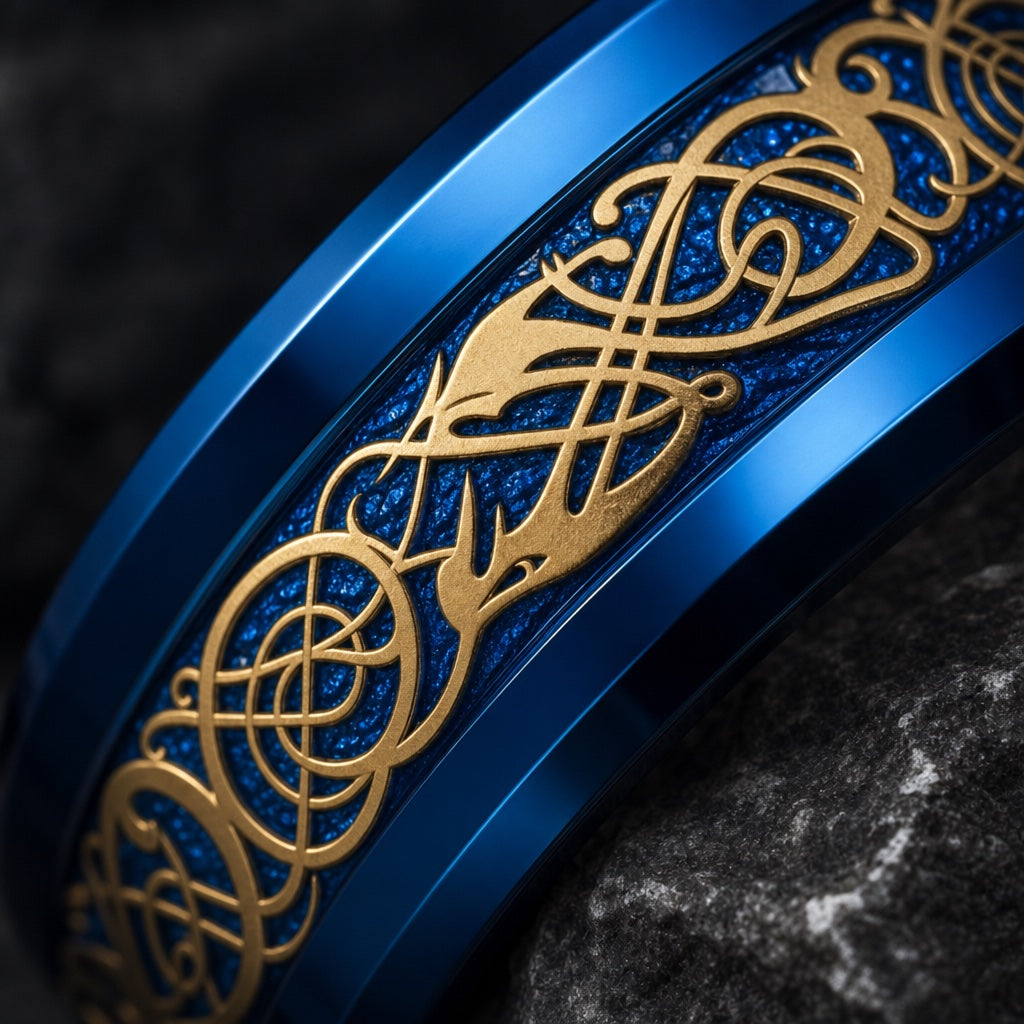 Macro of the Hydra ring gold Celtic knot filigree on blue textured ground