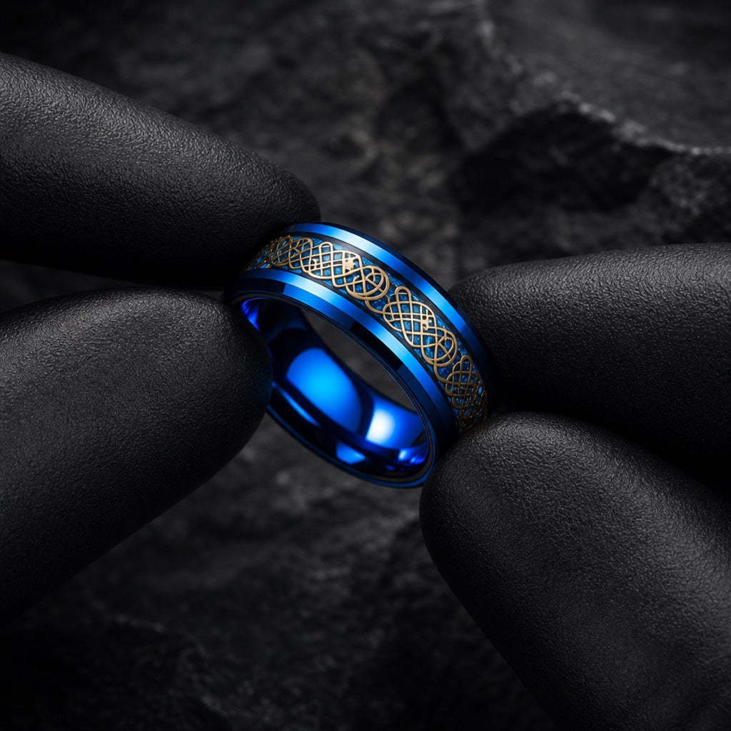 Gloved hands presenting the Hydra ring, comfort-fit curve and gold filigree visible