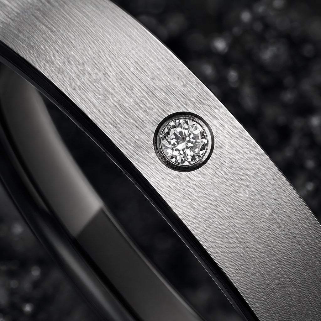 Macro of the Ice ring flush clear cubic zirconia set in brushed silver on dark charcoal stone