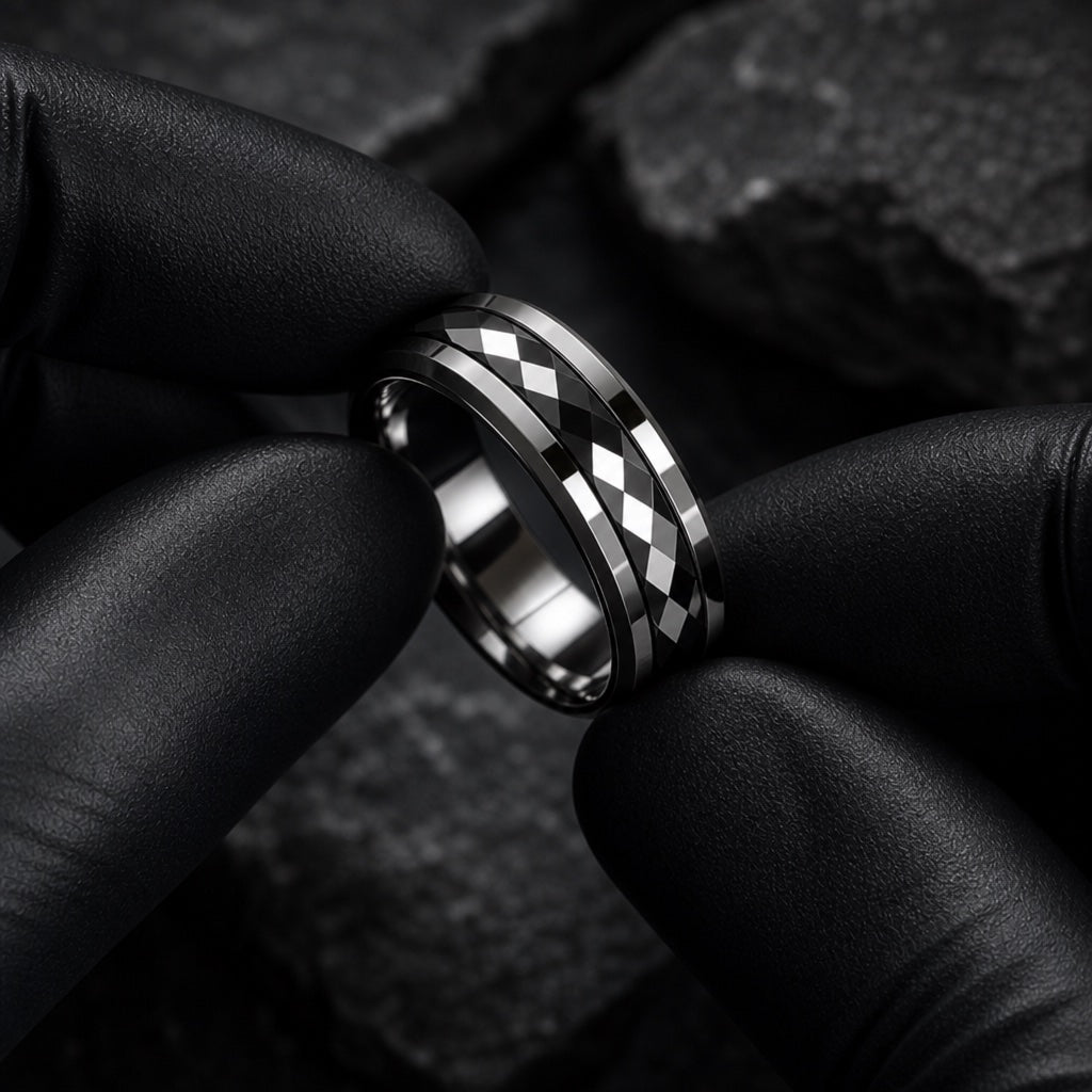 Gloved hands presenting the Immortal ring, comfort-fit silver interior and faceted channel visible