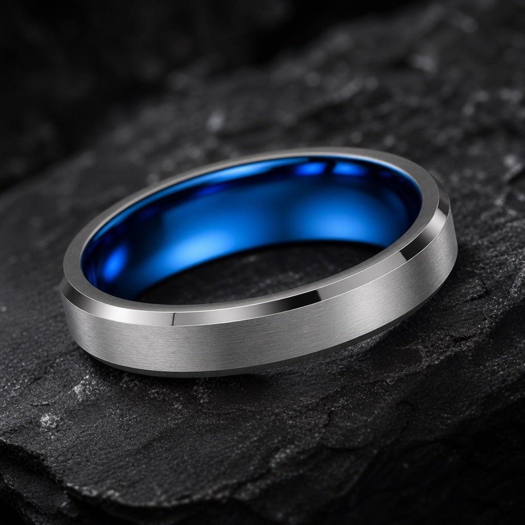 Jolt ring angled on dark charcoal stone showing the polished electric blue interior filling the frame